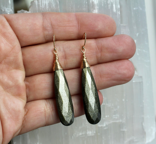 Gold Sheen Obsidian Long Teardrop Earrings