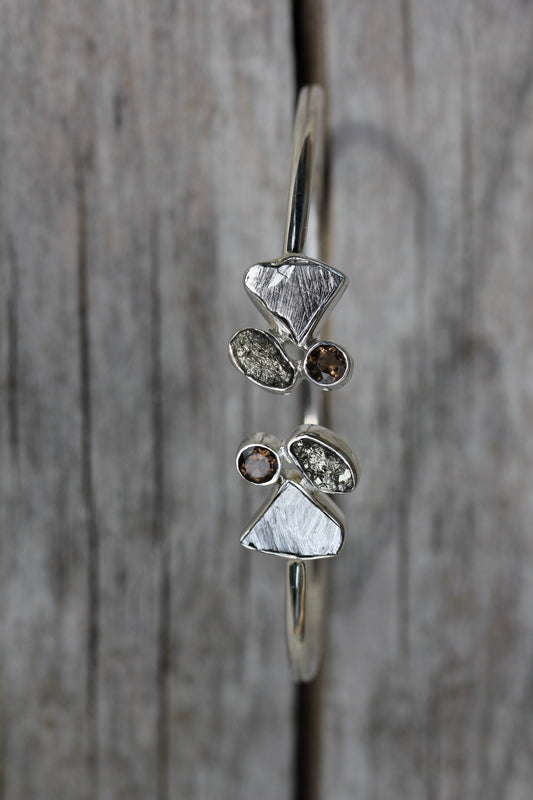 Meteorite Pyrite Smokey Quartz Silver Cuff Bracelet