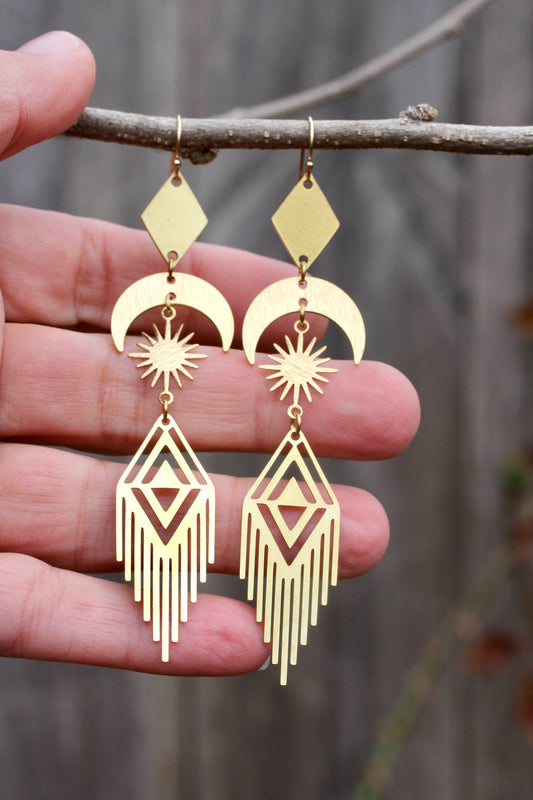 Brass Moon Sun Fringe Earrings
