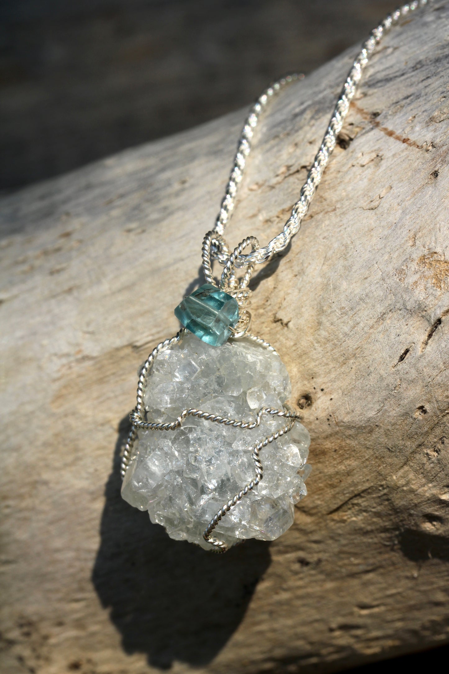 Apophyllite Crystal Cluster Blue Zircon Necklace