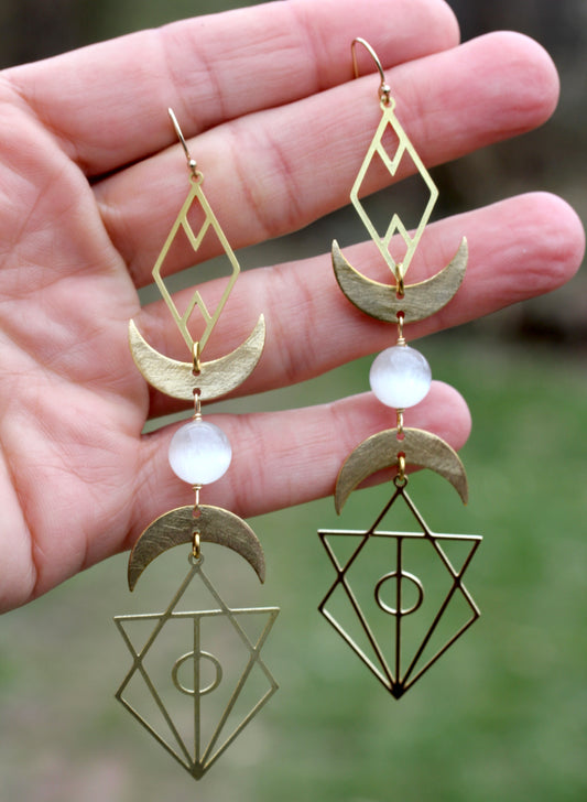 Geometric Selenite Moon Goddess Earrings