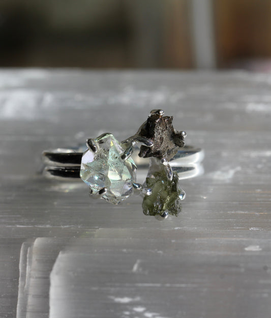 Moldavite Pakimer Diamond Meteorite Ring