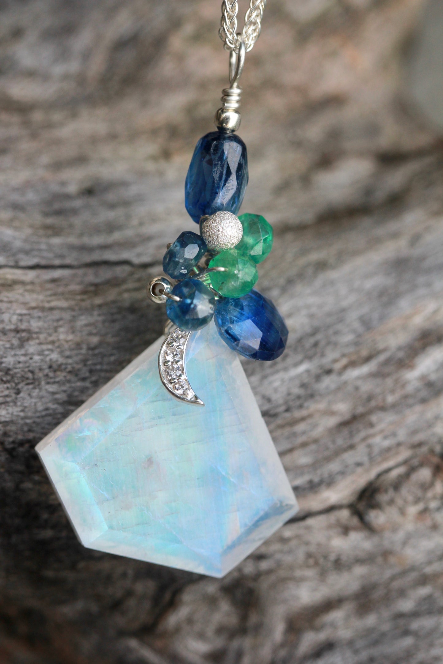 Rainbow Moonstone Moon Gem Necklace with Kyanite and Emerald