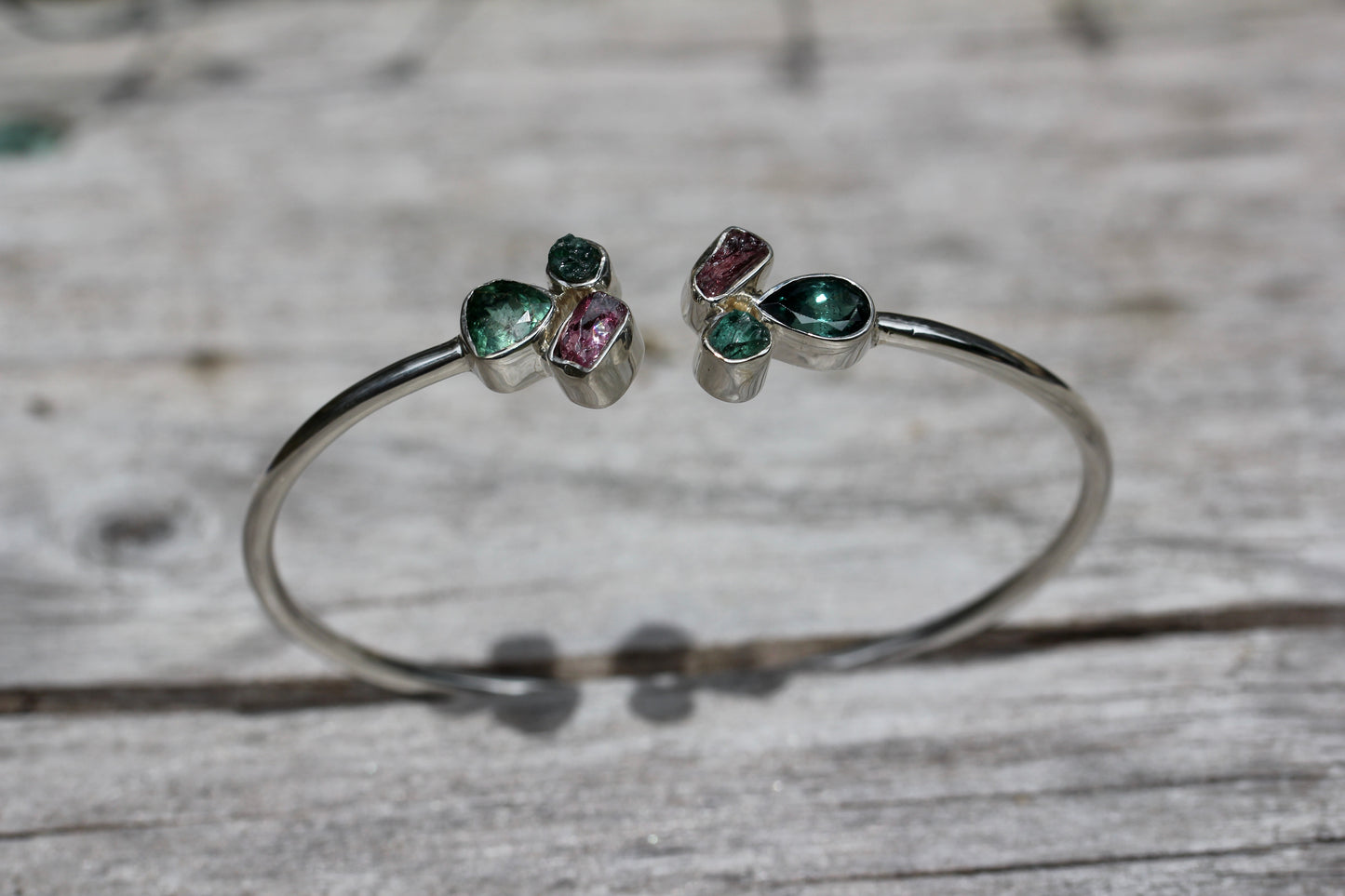 Indicolite and Pink Tourmaline Cluster Silver Bracelet