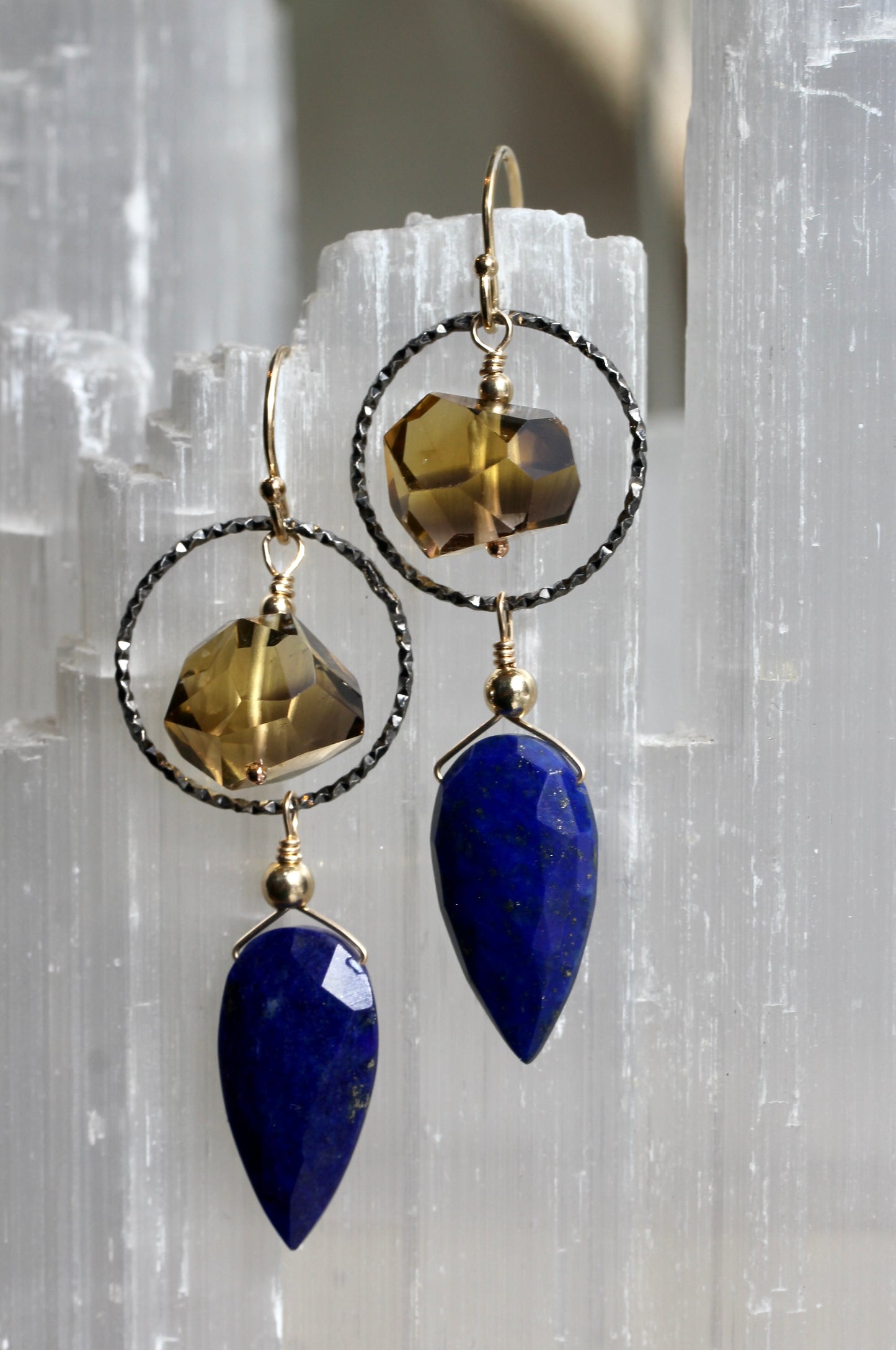 Lapis Beer Quartz Hoop Drop Earrings