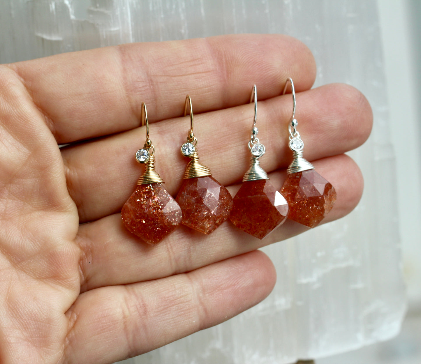 Sunstone CZ Leaf Briolette Drop Earrings