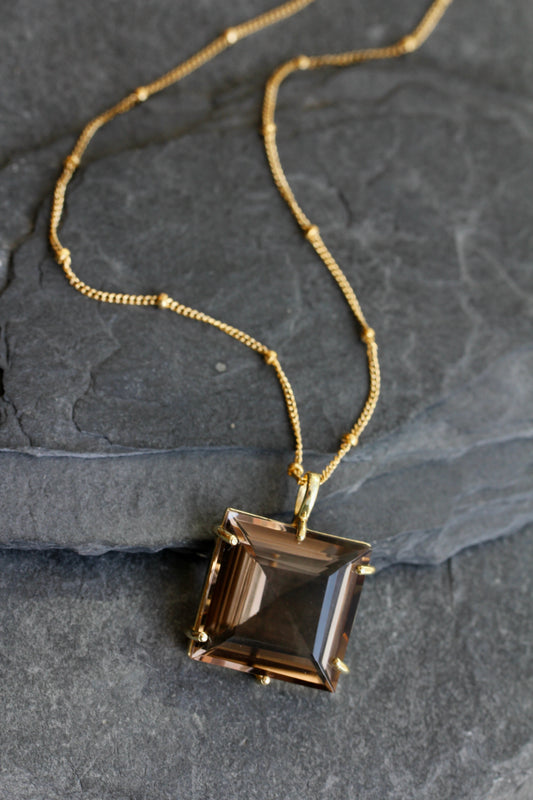 Smokey Quartz Princess Cut Gold Necklace