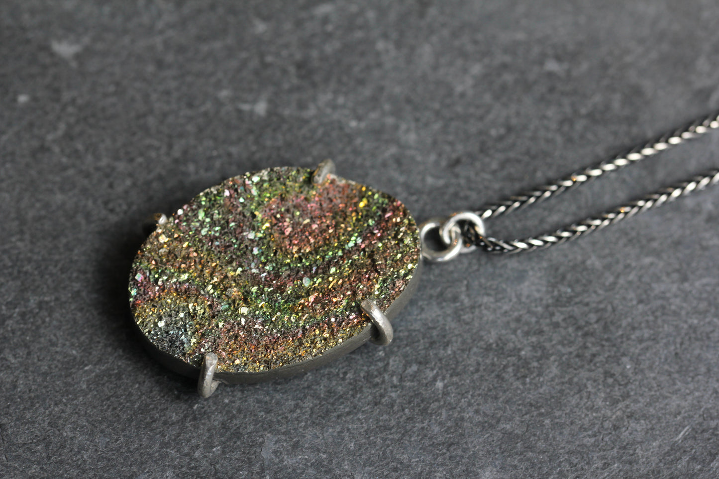 Rainbow Pyrite Oval Pendant Necklace