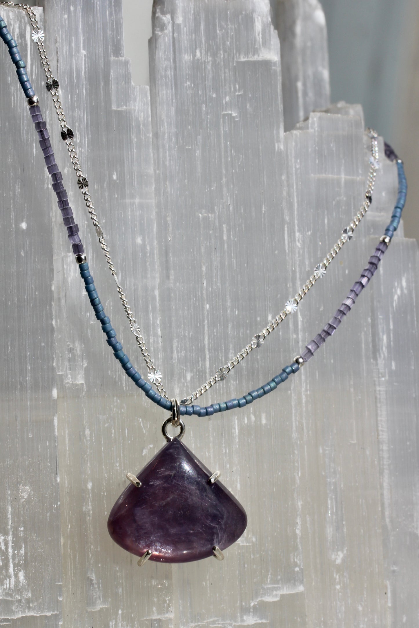 Lepidolite Beaded Silver Chain Necklace