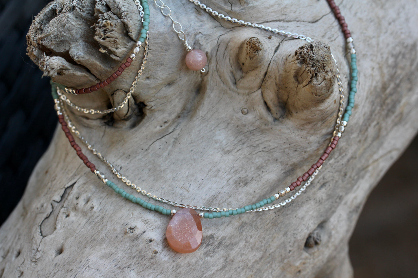 Peach Moonstone Delica Glass Bead Silver Necklace