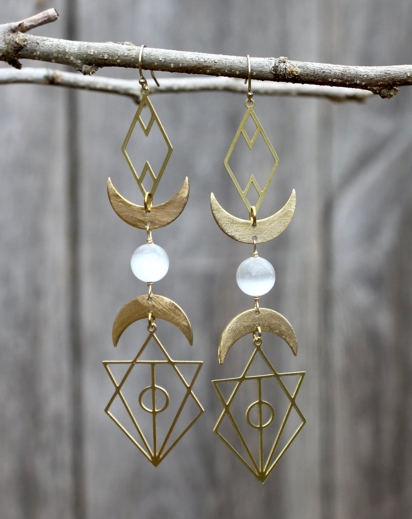 Geometric Selenite Moon Goddess Earrings