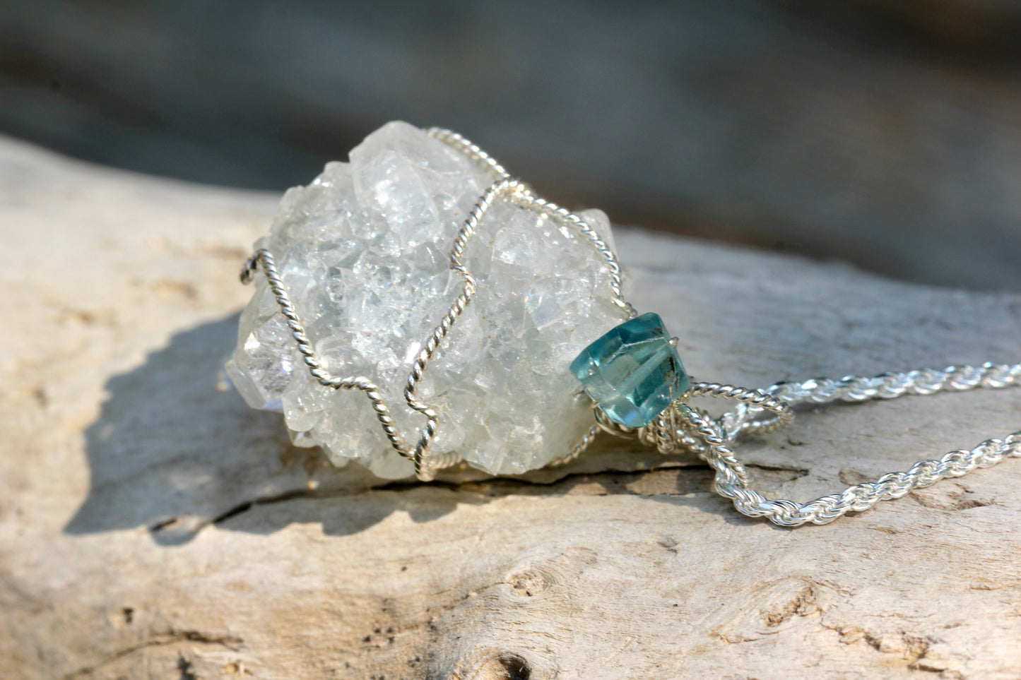 Apophyllite Crystal Cluster Blue Zircon Necklace