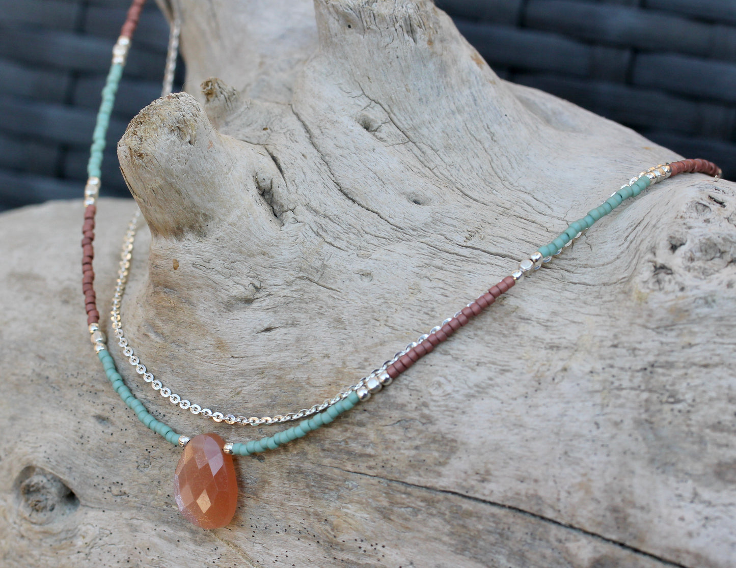 Peach Moonstone Delica Glass Bead Silver Necklace