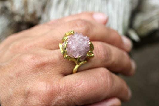 Pink Amethyst Crystal Cluster Branch Ring