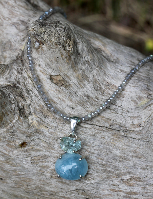 Aquamarine Labradorite Pendant Beaded Necklace