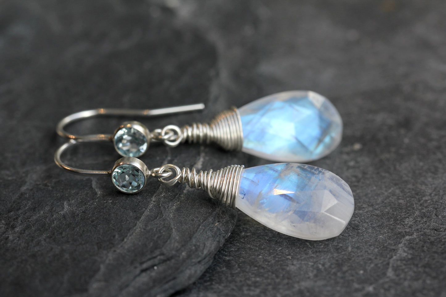 Rainbow Moonstone Blue Topaz Teardrop Earrings