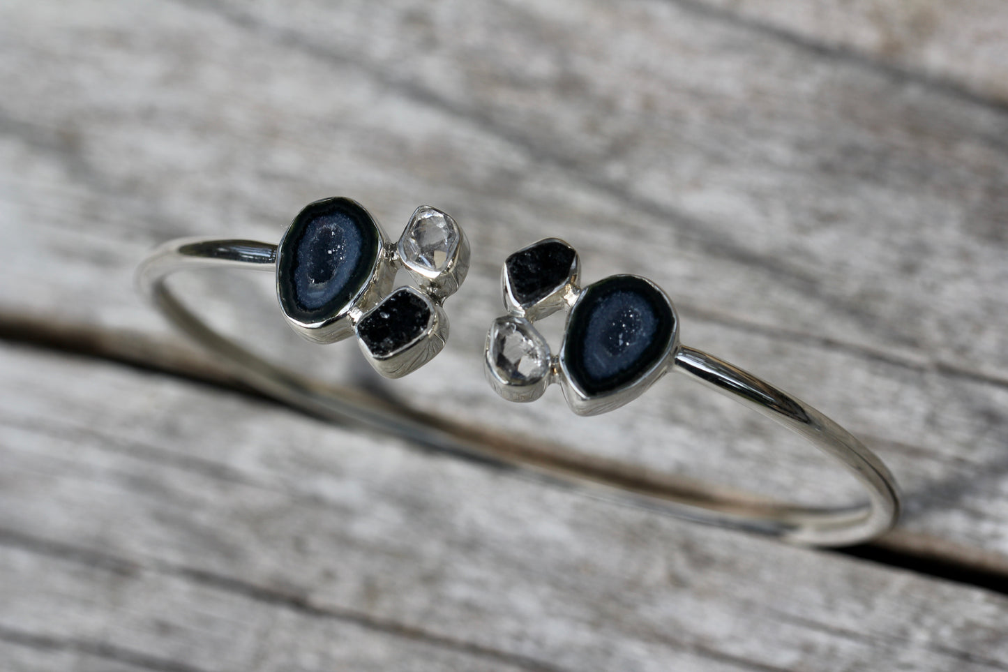 Geode Herkimer Diamond Silver Cuff Bracelet