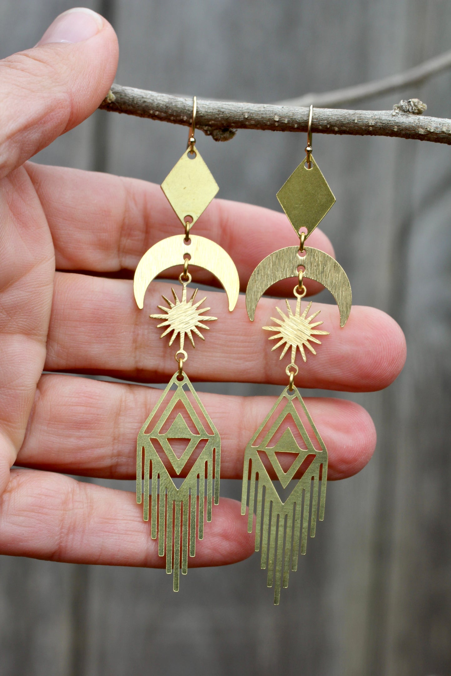 Brass Moon Sun Fringe Earrings