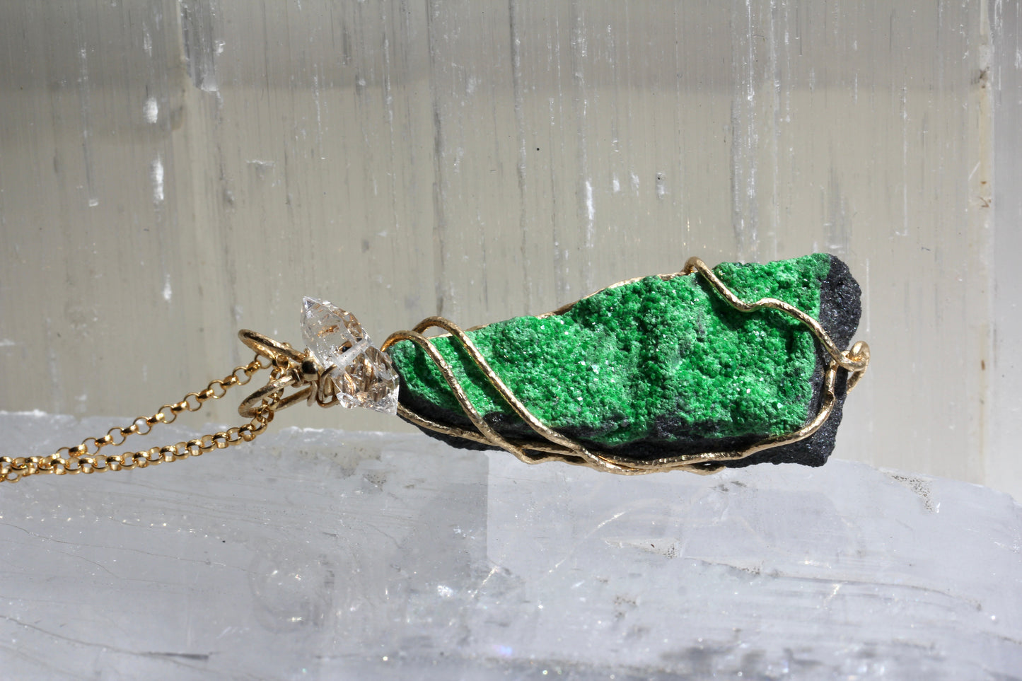 Uvarovite Druzy Pendant with Herkimer Diamond