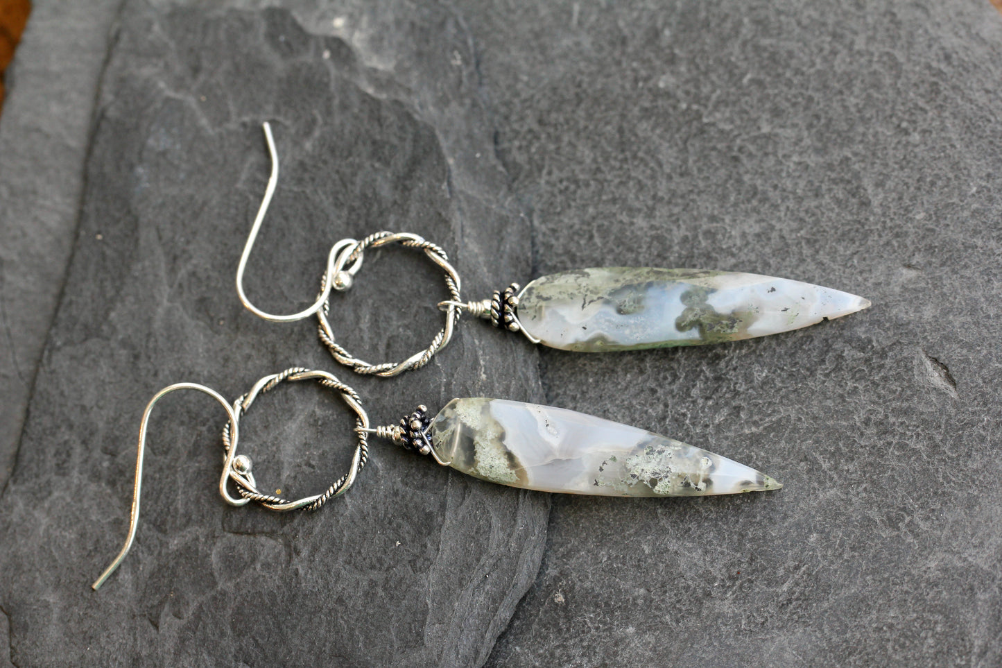 Moss Agate Long Ring Drop Earrings