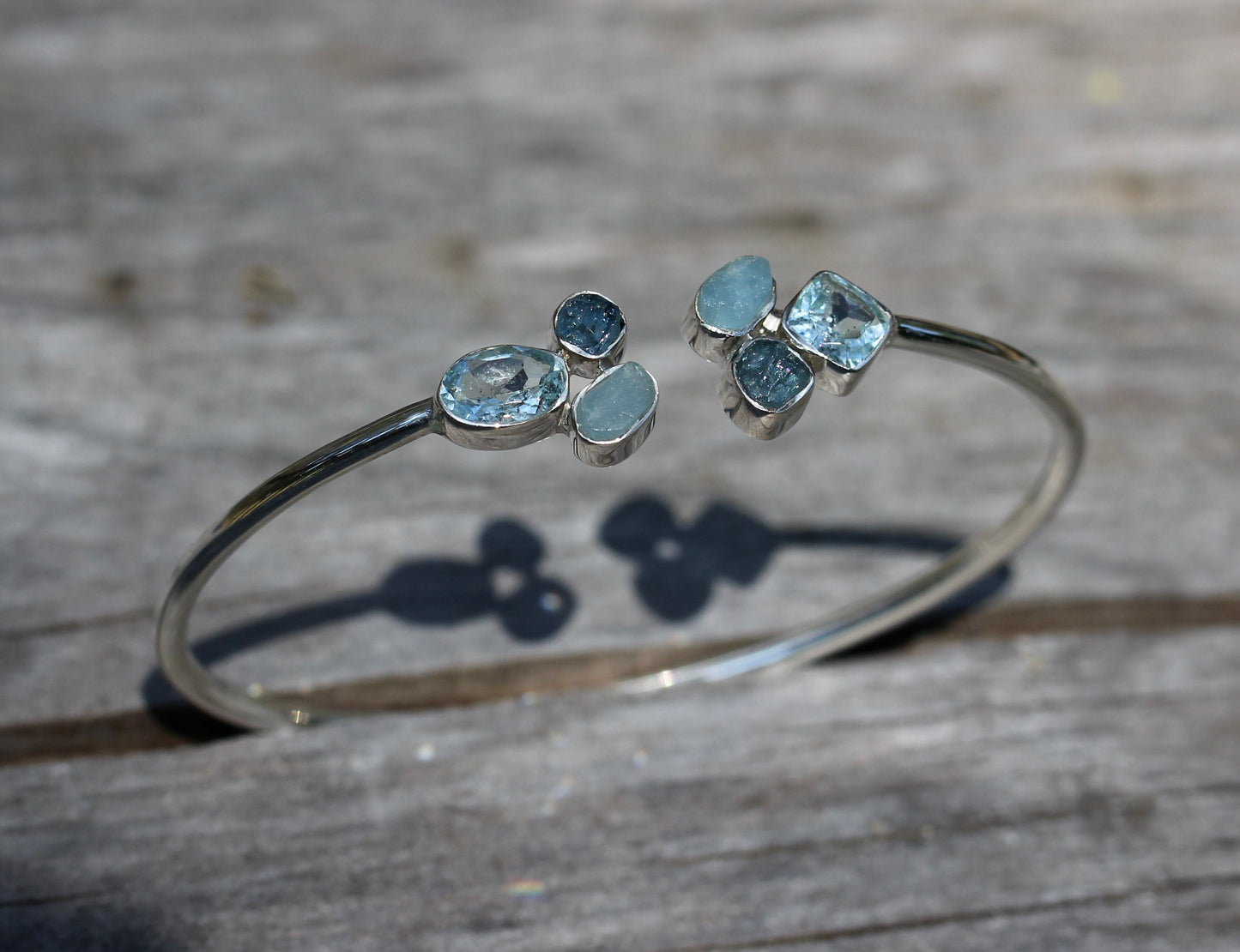 Aquamarine Cluster Silver Flex Bracelet