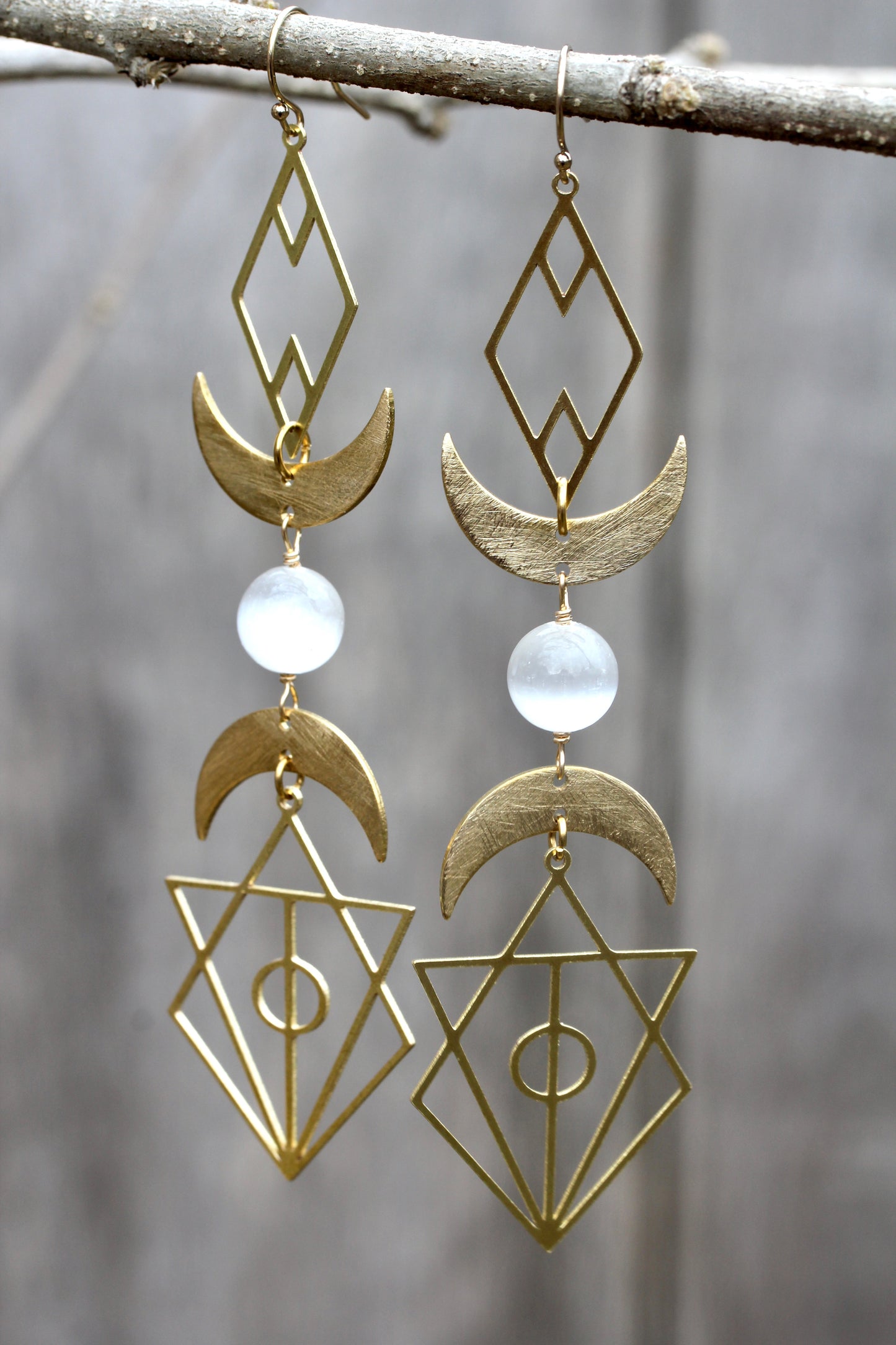 Geometric Selenite Moon Goddess Earrings