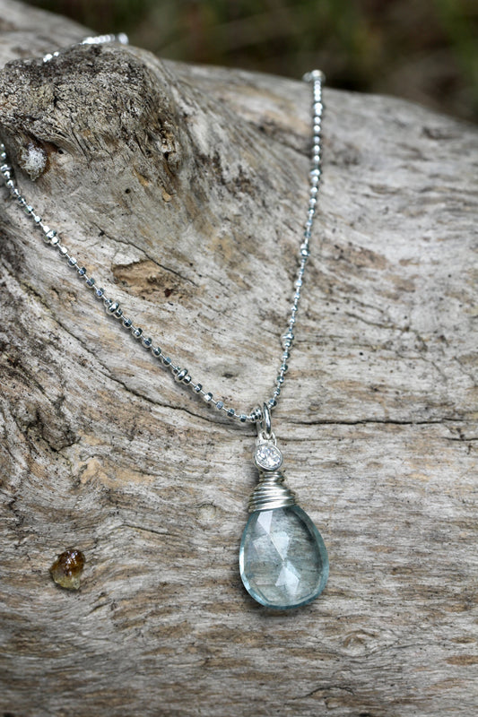 Aquamarine CZ Silver Teardrop Necklace