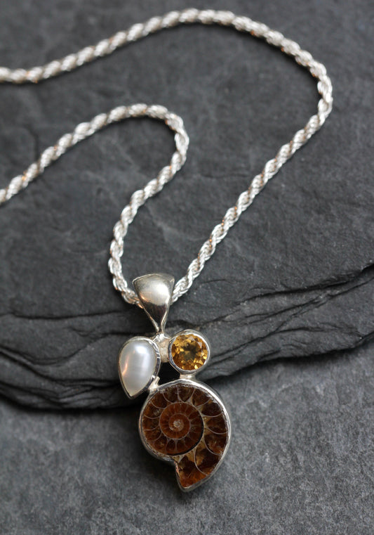 Ammonite Fossil Citrine Pearl Necklace