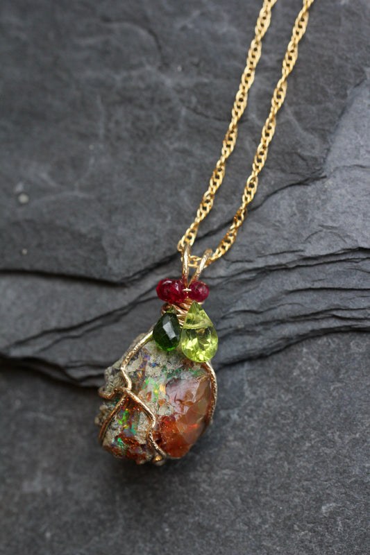 Rough Opal with Diopside, Peridot and Ruby Pendant
