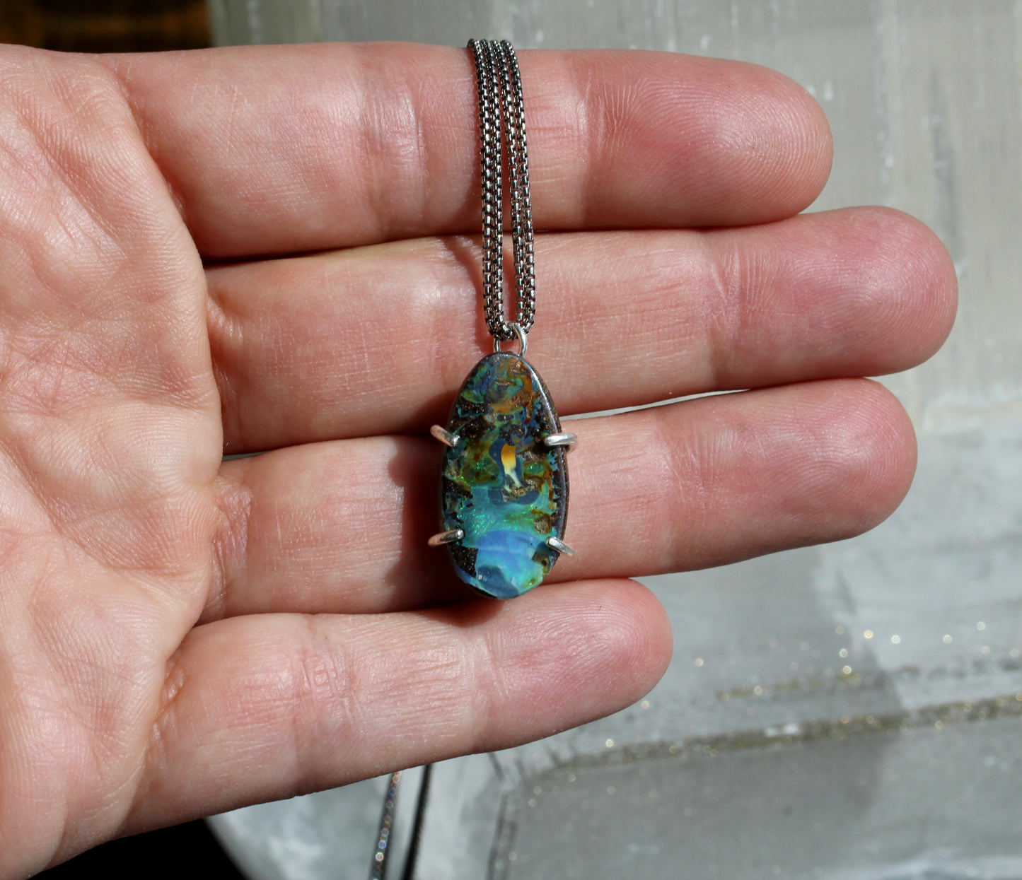 Boulder Opal Oxidized Silver Necklace