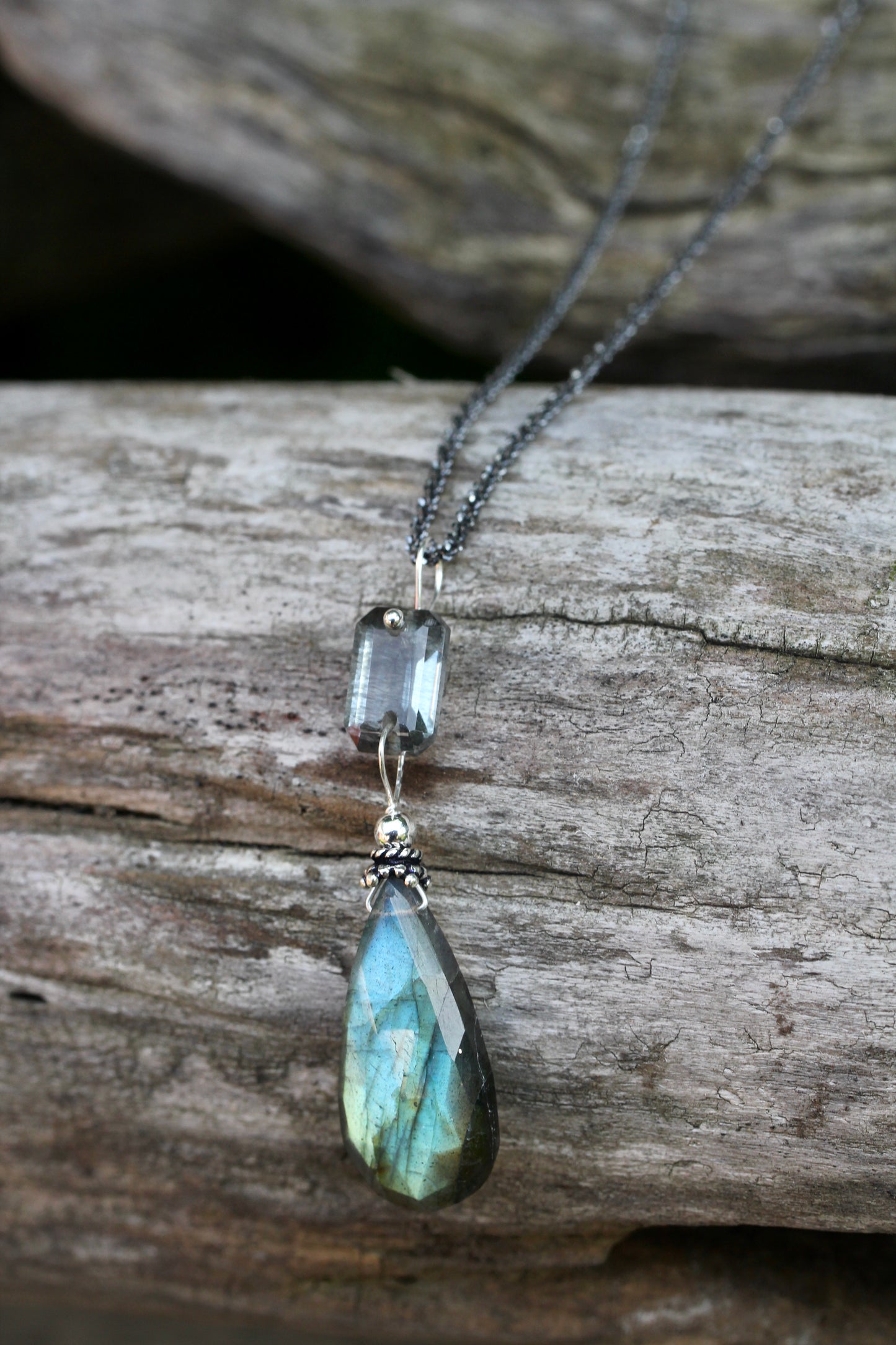 Labradorite Aquamarine Oxidized Silver Necklace