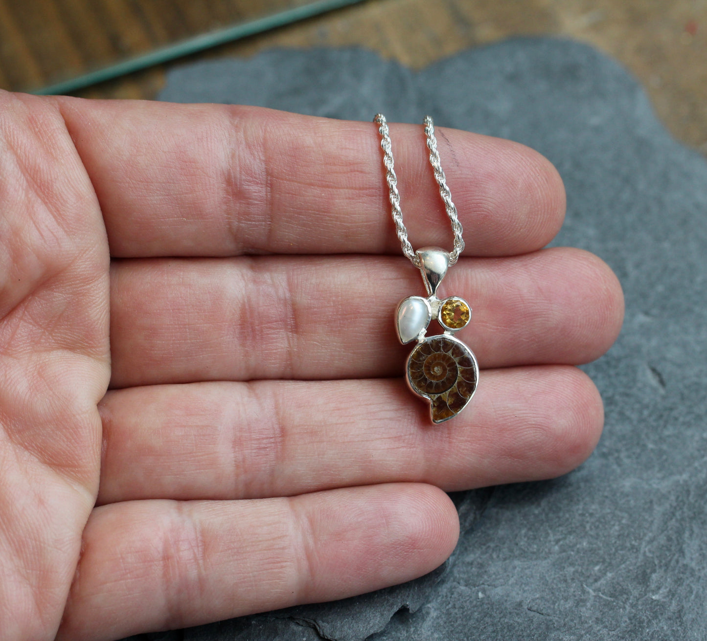 Ammonite Fossil Citrine Pearl Necklace