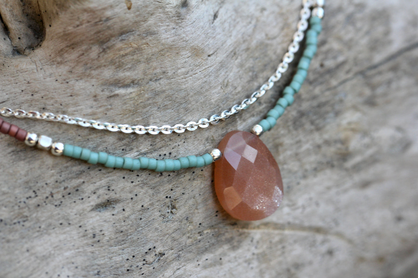 Peach Moonstone Delica Glass Bead Silver Necklace