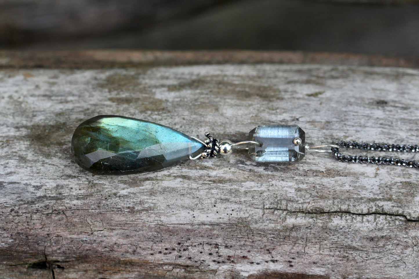 Labradorite Aquamarine Oxidized Silver Necklace
