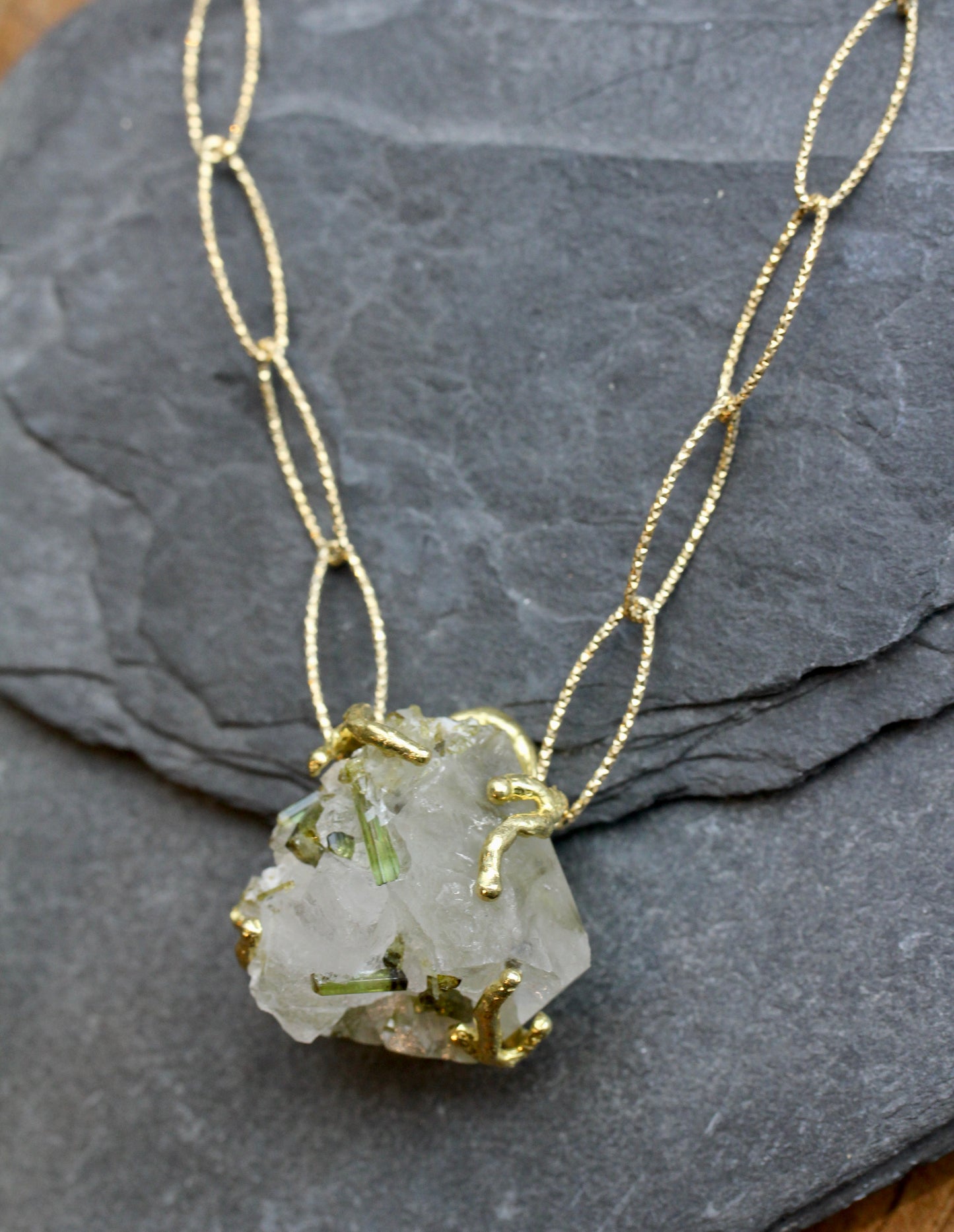 Tourmalinated Quartz Chunky Crystal Gold Necklace