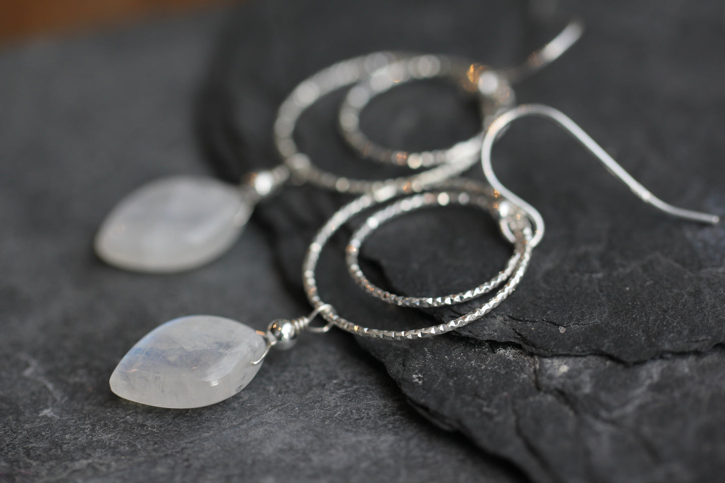 Rainbow Moonstone Double Ring Drop Earrings