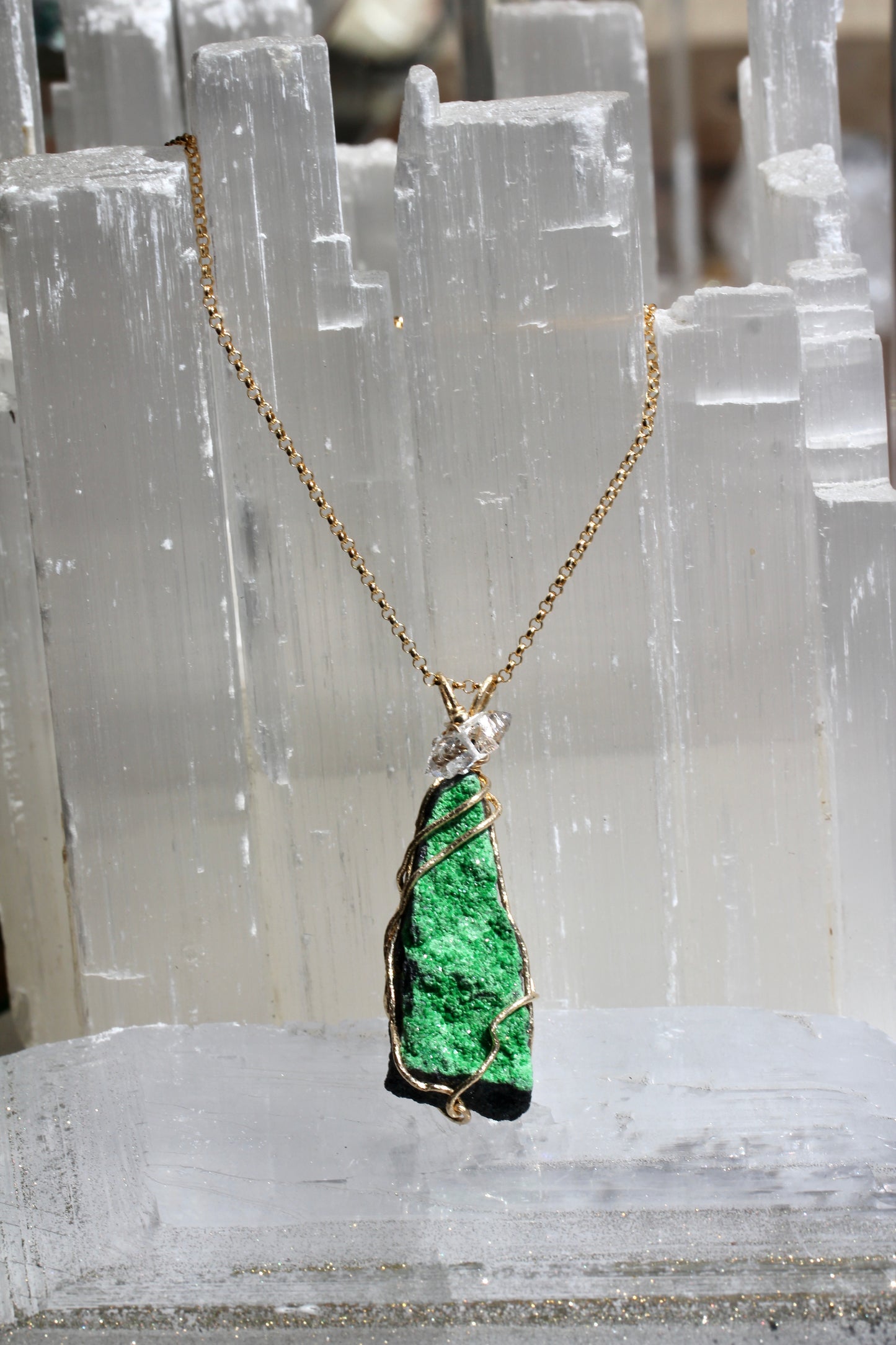 Uvarovite Druzy Pendant with Herkimer Diamond