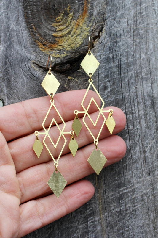 Brass Diamond Chandelier Earrings
