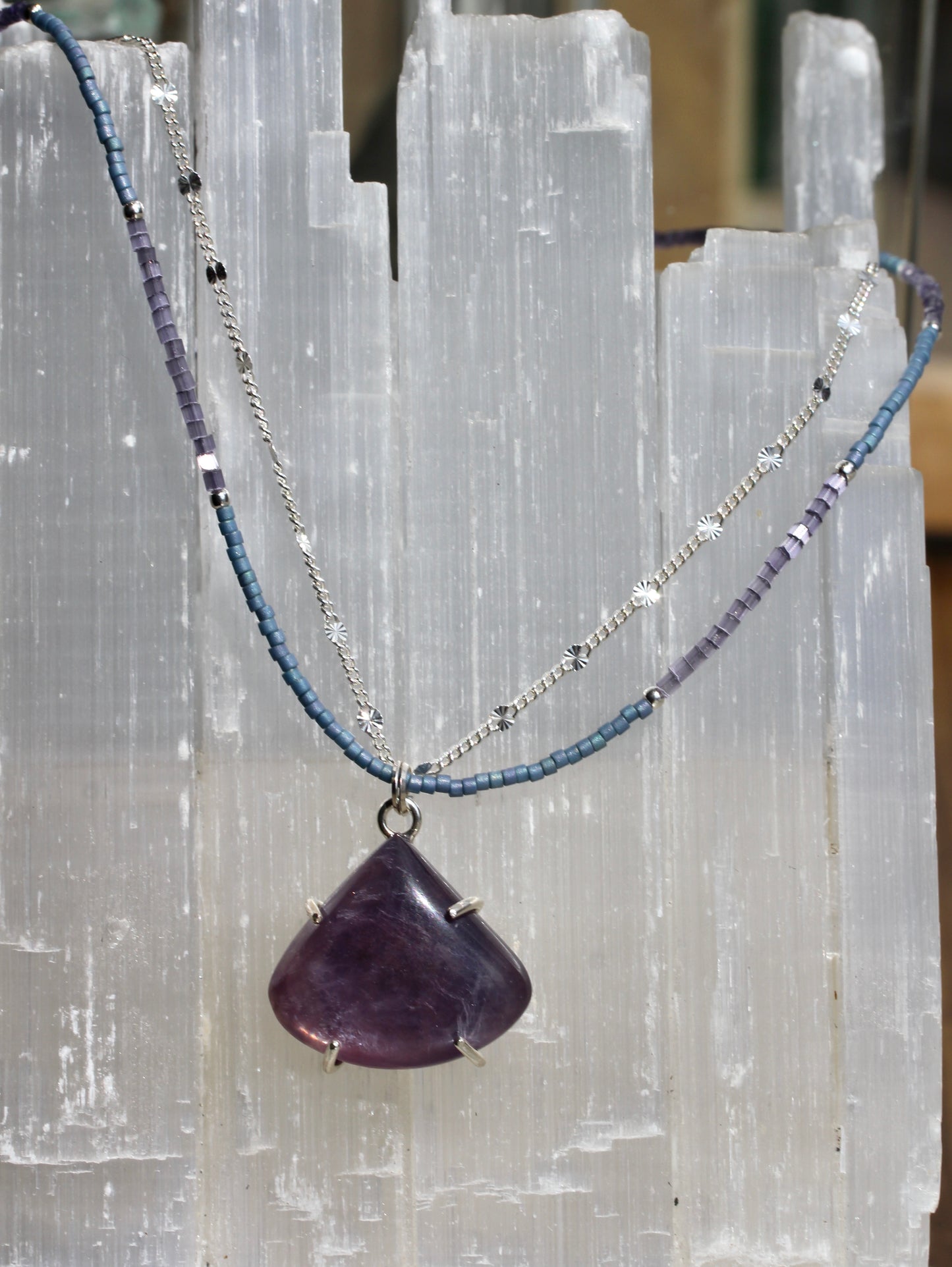 Lepidolite Beaded Silver Chain Necklace
