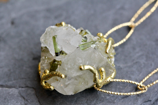 Tourmalinated Quartz Chunky Crystal Gold Necklace