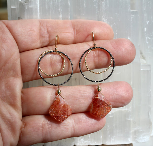 Sunstone Black and Gold Double Ring Drop Earrings