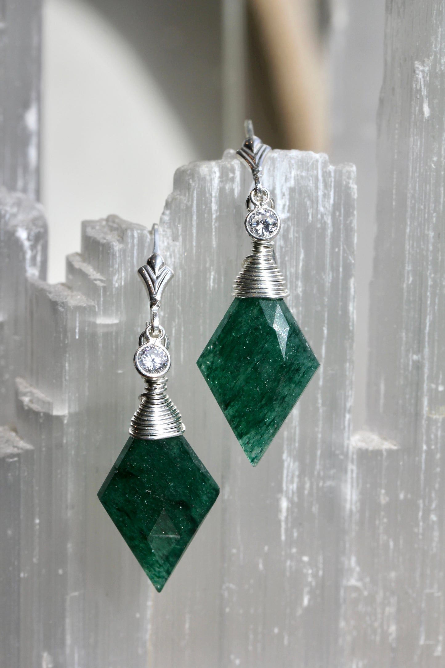 Green Aventurine CZ Diamond Drop Earrings