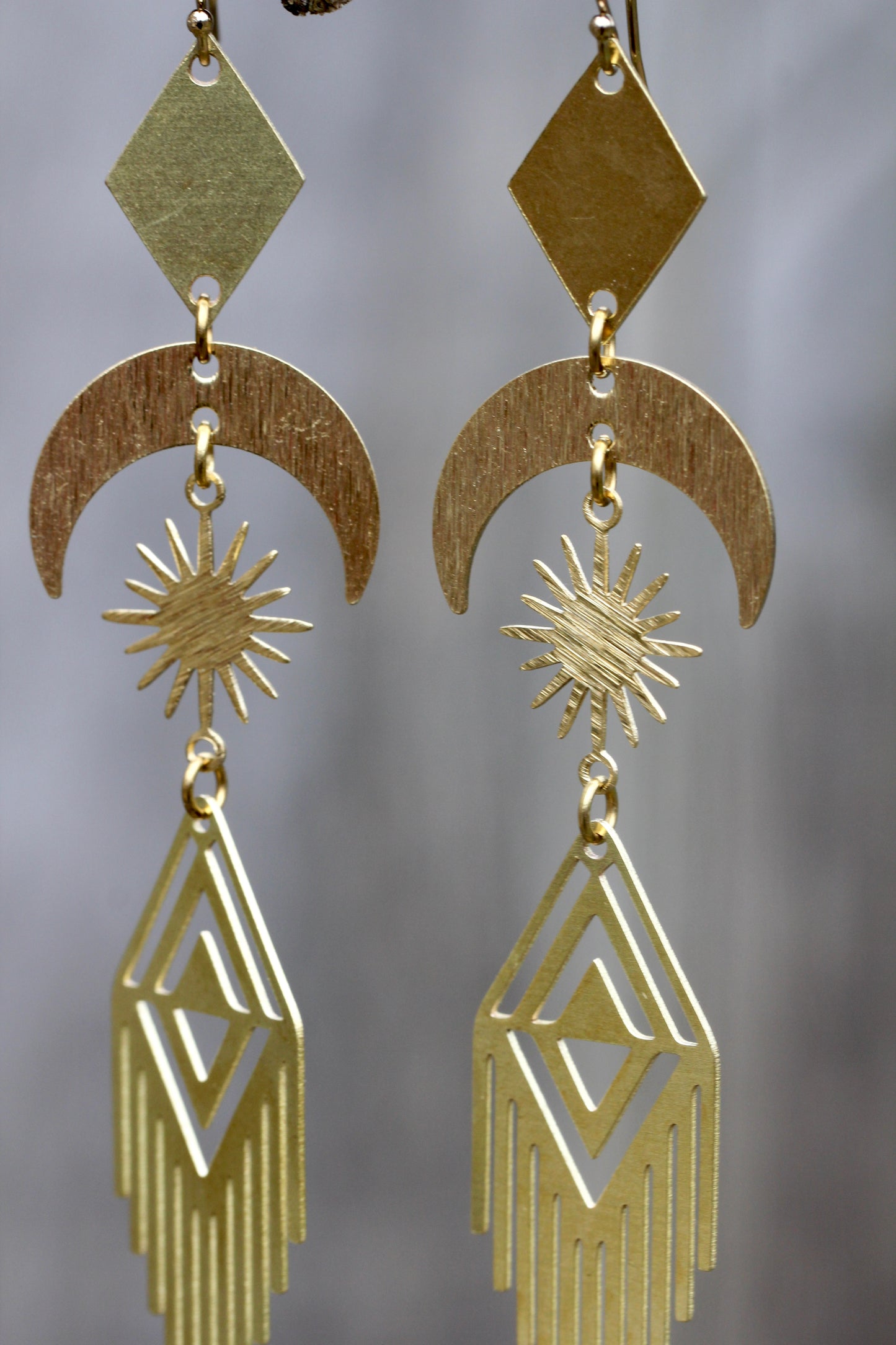 Brass Moon Sun Fringe Earrings
