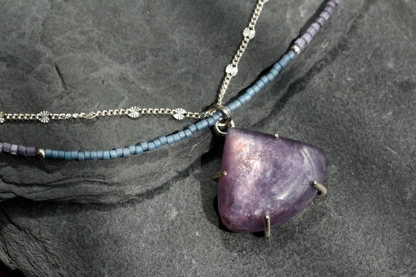 Lepidolite Beaded Silver Chain Necklace