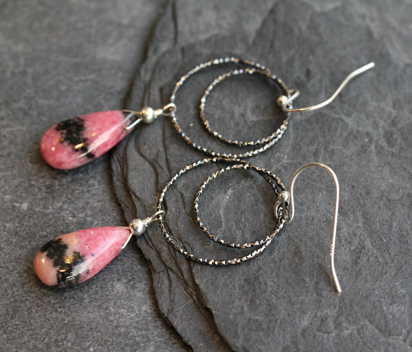 Rhodonite Diamond Cut Double Hoop Earrings