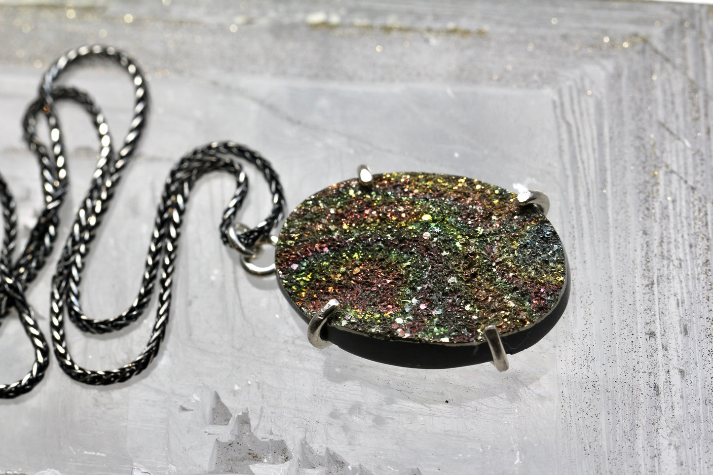 Rainbow Pyrite Oval Pendant Necklace