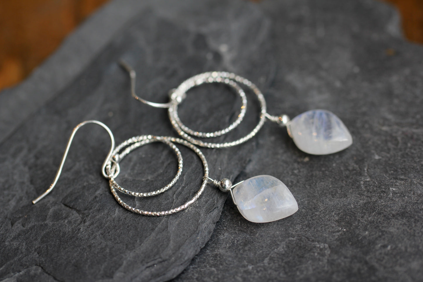 Rainbow Moonstone Double Ring Drop Earrings