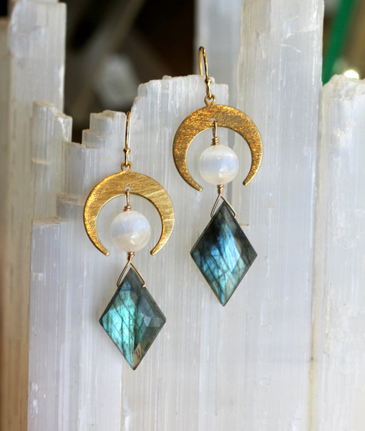 Labradorite Selenite Brass Moon Earrings