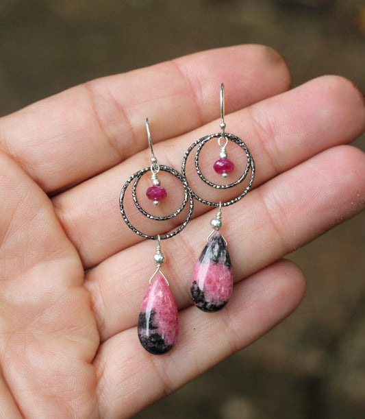 Rhodonite Ruby Oxidized Silver Double Ring Drop Earrings