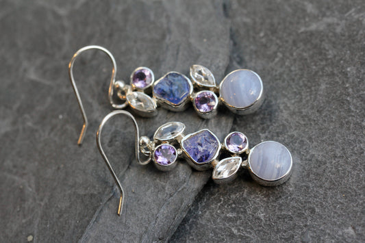 Blue Lace Agate Tanzanite Amethyst White Topaz Earrings